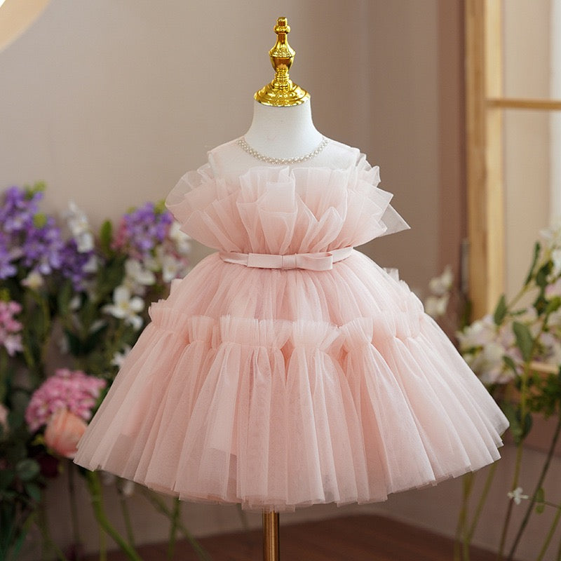 Pearled Sheer Neck Sleeveless Keyhole Ruffled Pink Tulle Wedding Flower Girl Dress, Belt