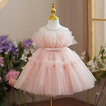 Pearled Sheer Neck Sleeveless Keyhole Ruffled Pink Tulle Wedding Flower Girl Dress, Belt