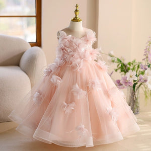 Princess Sleeveless 3D Floral Pink Tulle Birthday Party Wedding Flower Girl Dress, Sequin