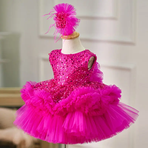 Ball Gown Fuchsia Sequin Tulle Pageants Christmas Birthday Wedding Flower Girl Dress