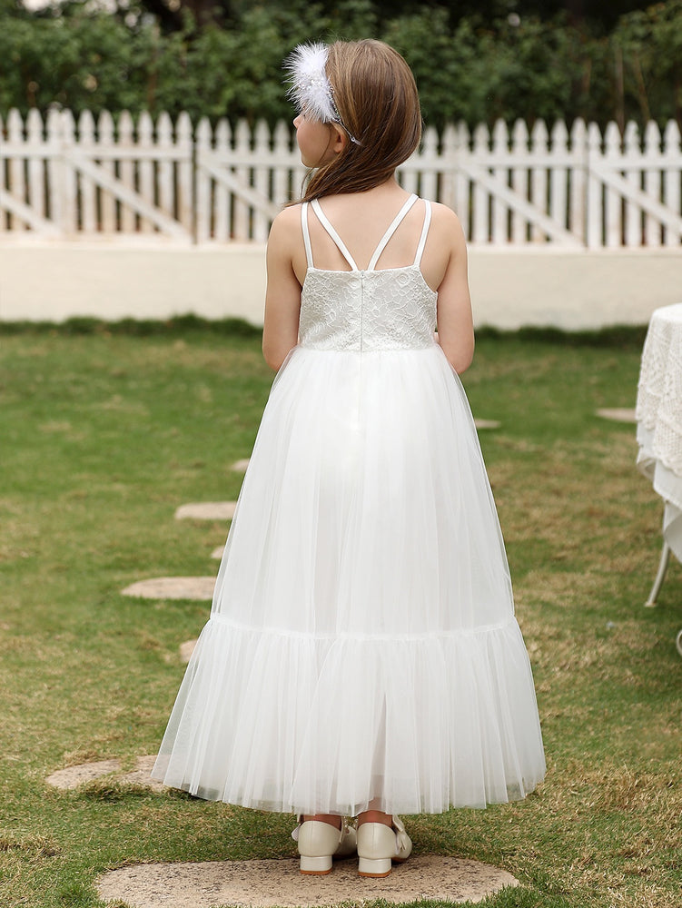 Princess White Lace Tulle Sleeveless Straps Tea Length Wedding Flower Girl Dress