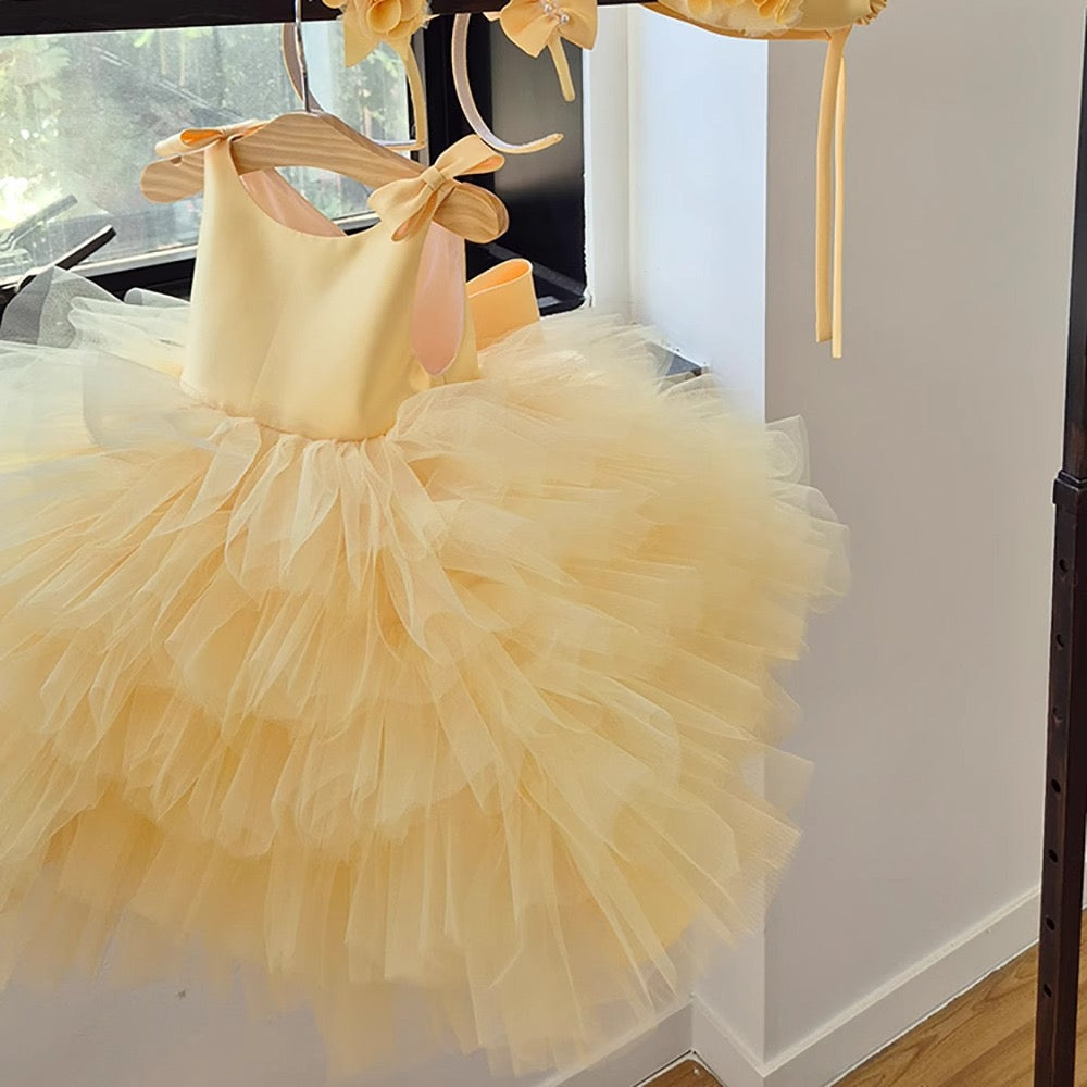 TUTU Ball Gown Yellow Satin Tulle Sleeveless Kids Party Wedding Flower Girl Dress, Bows
