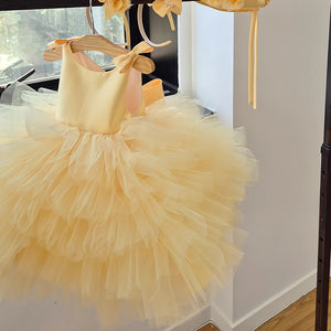TUTU Ball Gown Yellow Satin Tulle Sleeveless Kids Party Wedding Flower Girl Dress, Bows