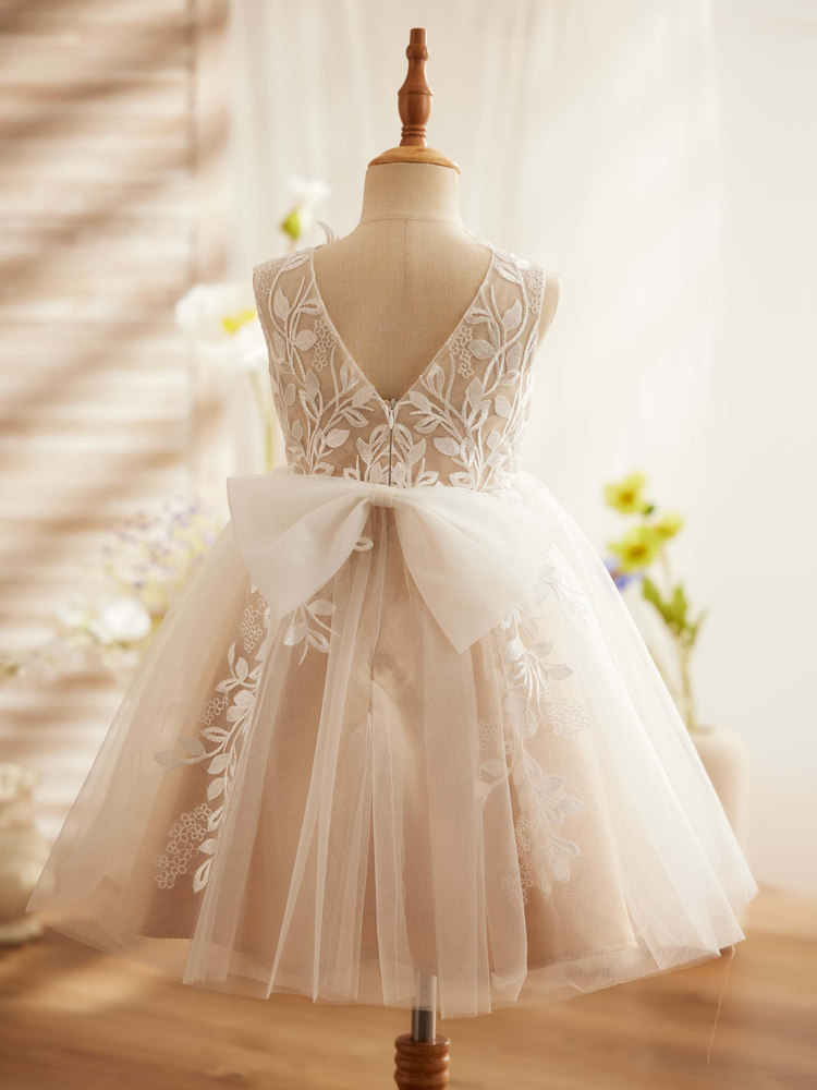Ivory Lace Champagne Tulle Sleeveless Knee Length Wedding Flower Girl Dress, Bow