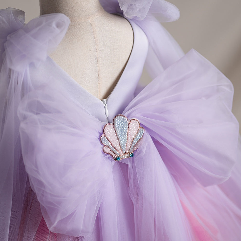 Princess Ball Gown Ocean Pearls Shell V Neck Tulle Birthday Party Fancy Baby Girl Dress, Bow