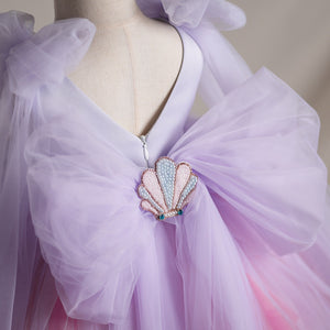 Princess Ball Gown Ocean Pearls Shell V Neck Tulle Birthday Party Fancy Baby Girl Dress, Bow