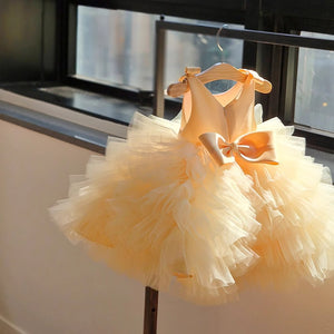 TUTU Ball Gown Yellow Satin Tulle Sleeveless Kids Party Wedding Flower Girl Dress, Bows