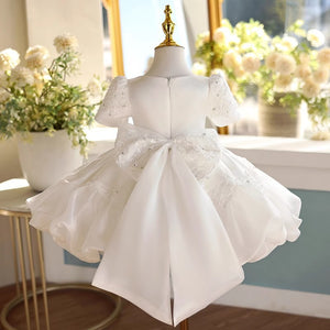 Square Neck Beaded Lace White Taffeta Bubble Birthday Wedding Flower Girl Dress, Bow