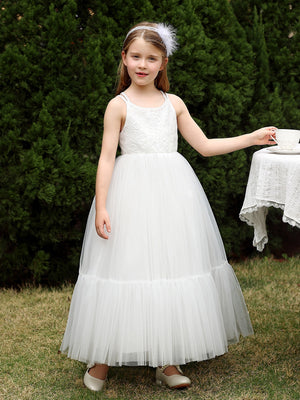 Princess White Lace Tulle Sleeveless Straps Tea Length Wedding Flower Girl Dress