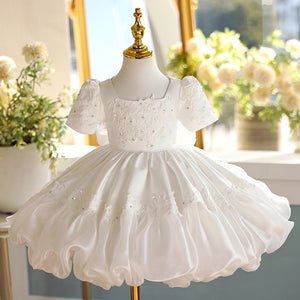 Square Neck Beaded Lace White Taffeta Bubble Birthday Wedding Flower Girl Dress, Bow
