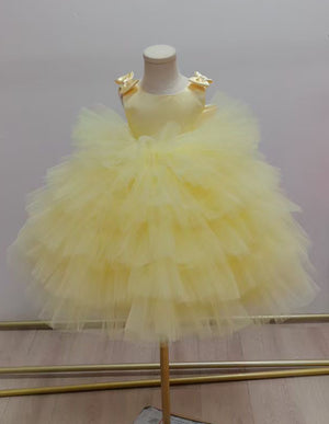TUTU Ball Gown Yellow Satin Tulle Sleeveless Kids Party Wedding Flower Girl Dress, Bows