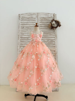 Pink 3D Flowers Sweetheart Ball Gown Wedding Flower Girl Dress Peach Pink / 8T Pink 3D Flowers Sweetheart Ball Gown Wedding Flower Girl Dress Peach Pink / 8T