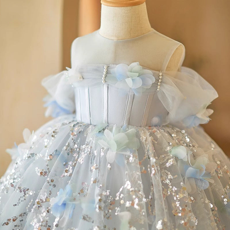 Ball Gown Sheer Off Shoulder Sequined Light Blue Tulle Wedding Flower Girl Dress