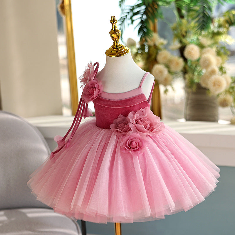 Princess Pink Tulle TUTU Straps Birthday Wedding Party Flower Girl Dress, Flowers