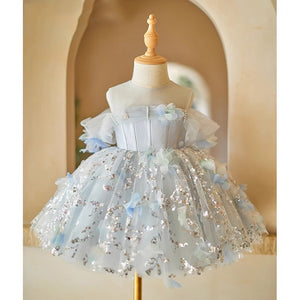 Ball Gown Sheer Off Shoulder Sequined Light Blue Tulle Wedding Flower Girl Dress
