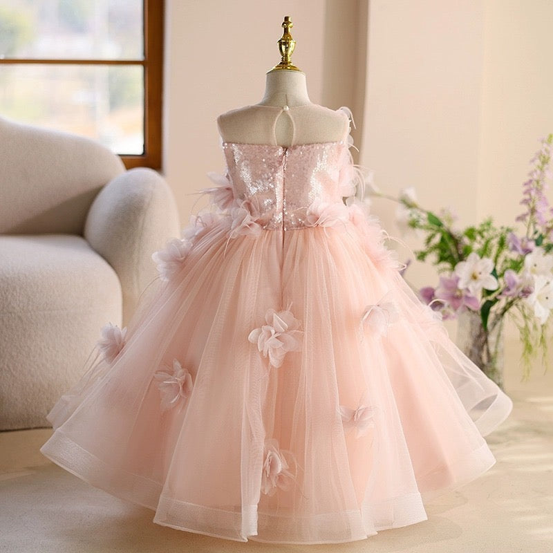 Princess Sleeveless 3D Floral Pink Tulle Birthday Party Wedding Flower Girl Dress, Sequin