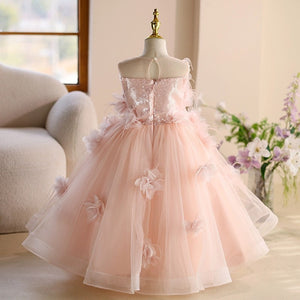 Princess Sleeveless 3D Floral Pink Tulle Birthday Party Wedding Flower Girl Dress, Sequin