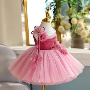Princess Pink Tulle TUTU Straps Birthday Wedding Party Flower Girl Dress, Flowers