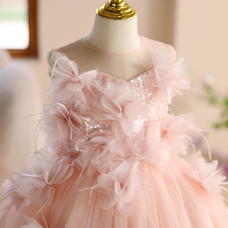 Princess Sleeveless 3D Floral Pink Tulle Birthday Party Wedding Flower Girl Dress, Sequin