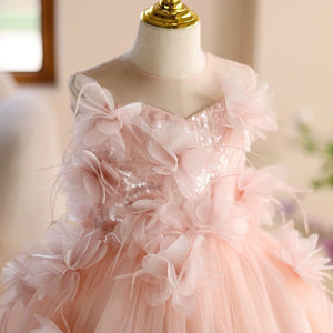 Princess Sleeveless 3D Floral Pink Tulle Birthday Party Wedding Flower Girl Dress, Sequin
