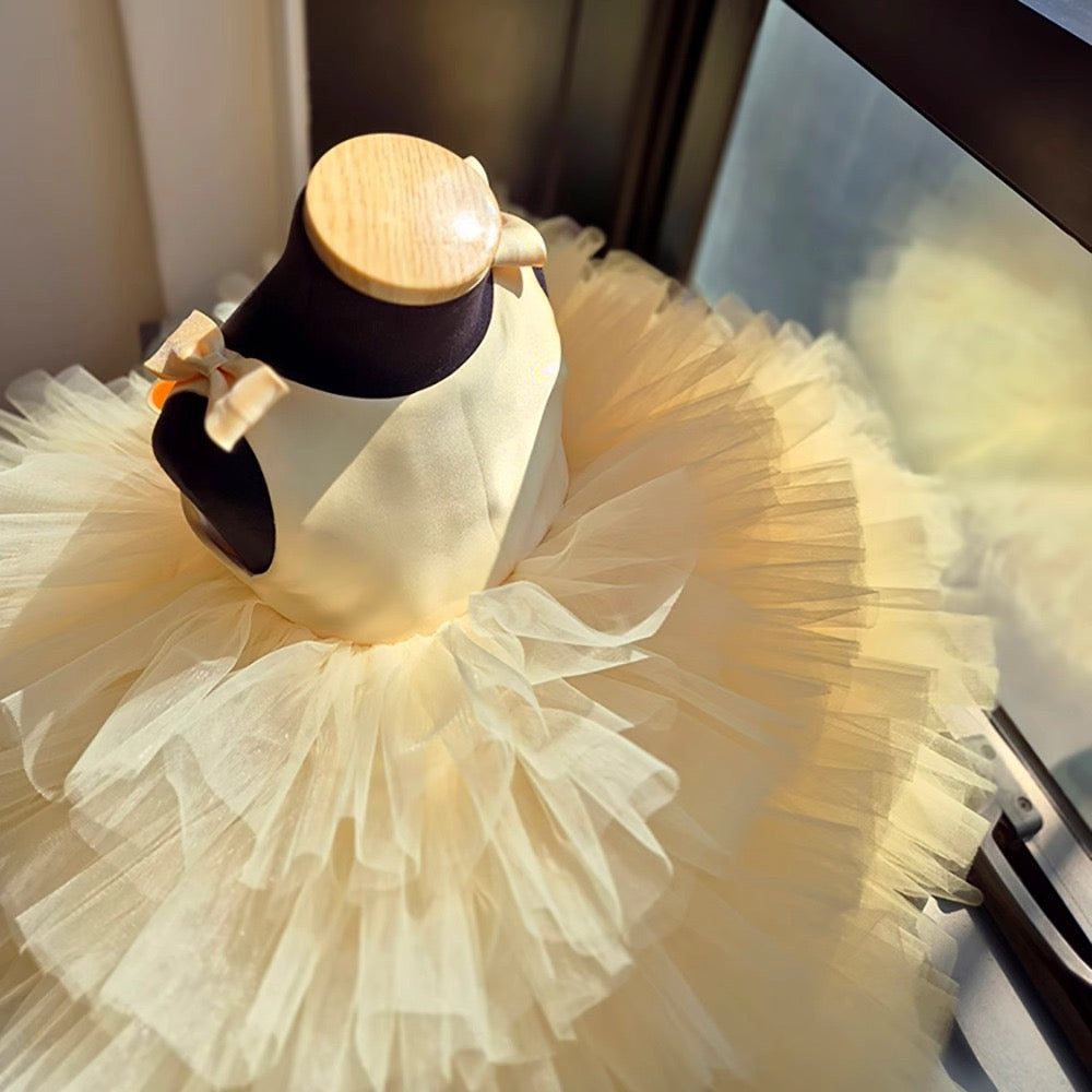 TUTU Ball Gown Yellow Satin Tulle Sleeveless Kids Party Wedding Flower Girl Dress, Bows