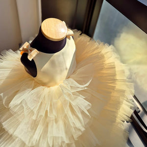 TUTU Ball Gown Yellow Satin Tulle Sleeveless Kids Party Wedding Flower Girl Dress, Bows