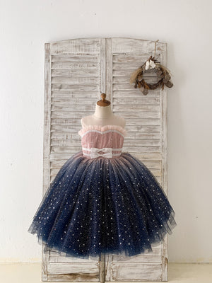 Ombre Pink / Navy Stars Tulle Flower Girl Dress Kids Party Dress 8T / Ivory-Navy Ombre Pink / Navy Stars Tulle Flower Girl Dress Kids Party Dress 8T / Ivory-Navy