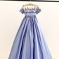 Short Sleeves Sheer Neck Light Blue Satin Wedding Flower Girl Dress, Beaded Lace