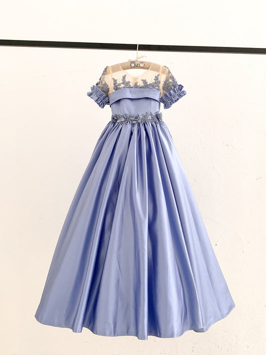 Short Sleeves Sheer Neck Light Blue Satin Wedding Flower Girl Dress, Beaded Lace