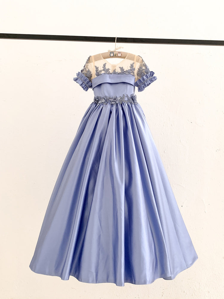 Short Sleeves Sheer Neck Light Blue Satin Flower Girl Dress, Lace - Flower Girl Dresses Short Sleeves Sheer Neck Light Blue Satin Flower Girl Dress, Lace - Flower Girl Dresses