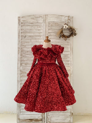 Long Sleeves Burgundy Sequin Ruffle Neck Wedding Flower Girl Dress 8T Long Sleeves Burgundy Sequin Ruffle Neck Wedding Flower Girl Dress 8T