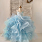 Beaded Butterfly Light Blue Straps Ruffle Tulle Horsehair Wedding Flower Girl Dress