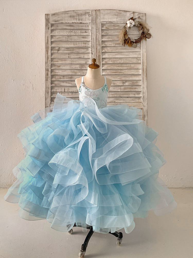 Beaded Butterfly Light Blue Ruffle Tulle Horsehair Flower Girl Dress - Flower Girl Dresses Beaded Butterfly Light Blue Ruffle Tulle Horsehair Flower Girl Dress - Flower Girl Dresses