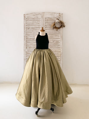 Black Velvet Gold Jacquard Keyhole Back Kids Party Flower Girl Dress 8T Black Velvet Gold Jacquard Keyhole Back Kids Party Flower Girl Dress 8T