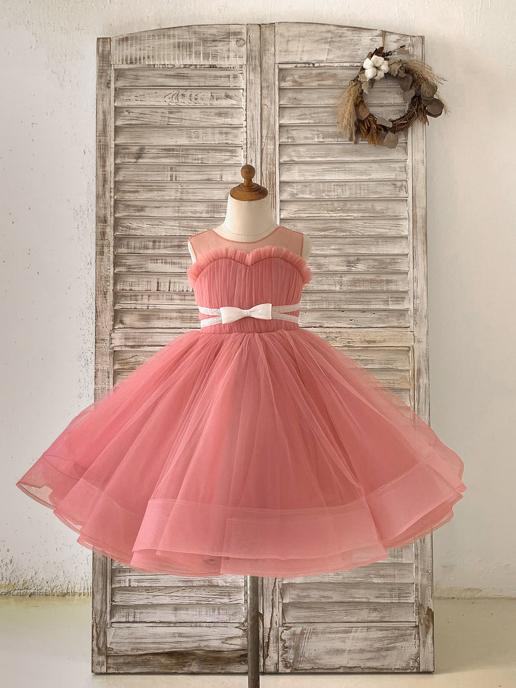 Sheer Neck Pleated Mauve Tulle V Back Horsehair Flower Girl Dress - Flower Girl Dresses Sheer Neck Pleated Mauve Tulle V Back Horsehair Flower Girl Dress - Flower Girl Dresses