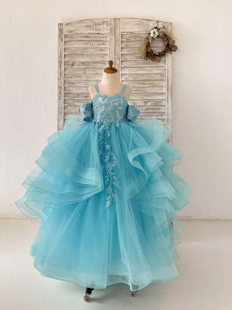 Teal Lace Tulle Off Shoulder Beaded Horsehair Flower Girl Dress - Flower Girl Dresses Teal Lace Tulle Off Shoulder Beaded Horsehair Flower Girl Dress - Flower Girl Dresses