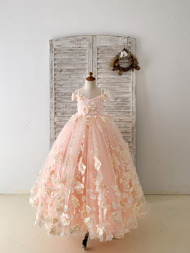 Peach 3D Lace Tulle Off Shoulder Flower Girl Dress Kids Pageant Gown 5T Peach 3D Lace Tulle Off Shoulder Flower Girl Dress Kids Pageant Gown 5T