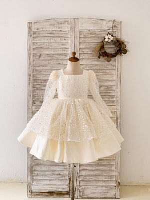 Square Neck Long Sleeves Crystal Wedding Flower Girl Dress, Horsehair - Flower Girl Dresses Square Neck Long Sleeves Crystal Wedding Flower Girl Dress, Horsehair - Flower Girl Dresses