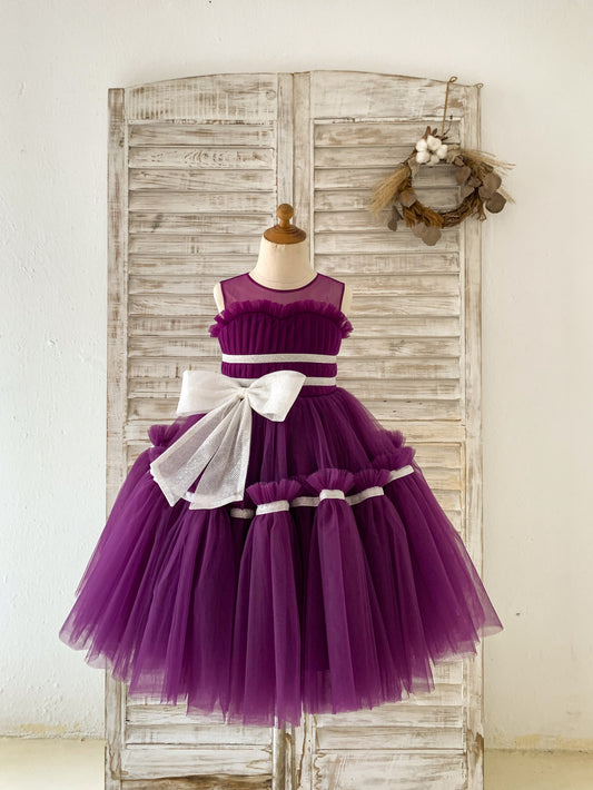 Princess Sheer Neck Pleated Purple Tulle Wedding Flower Girl Dress, Bow