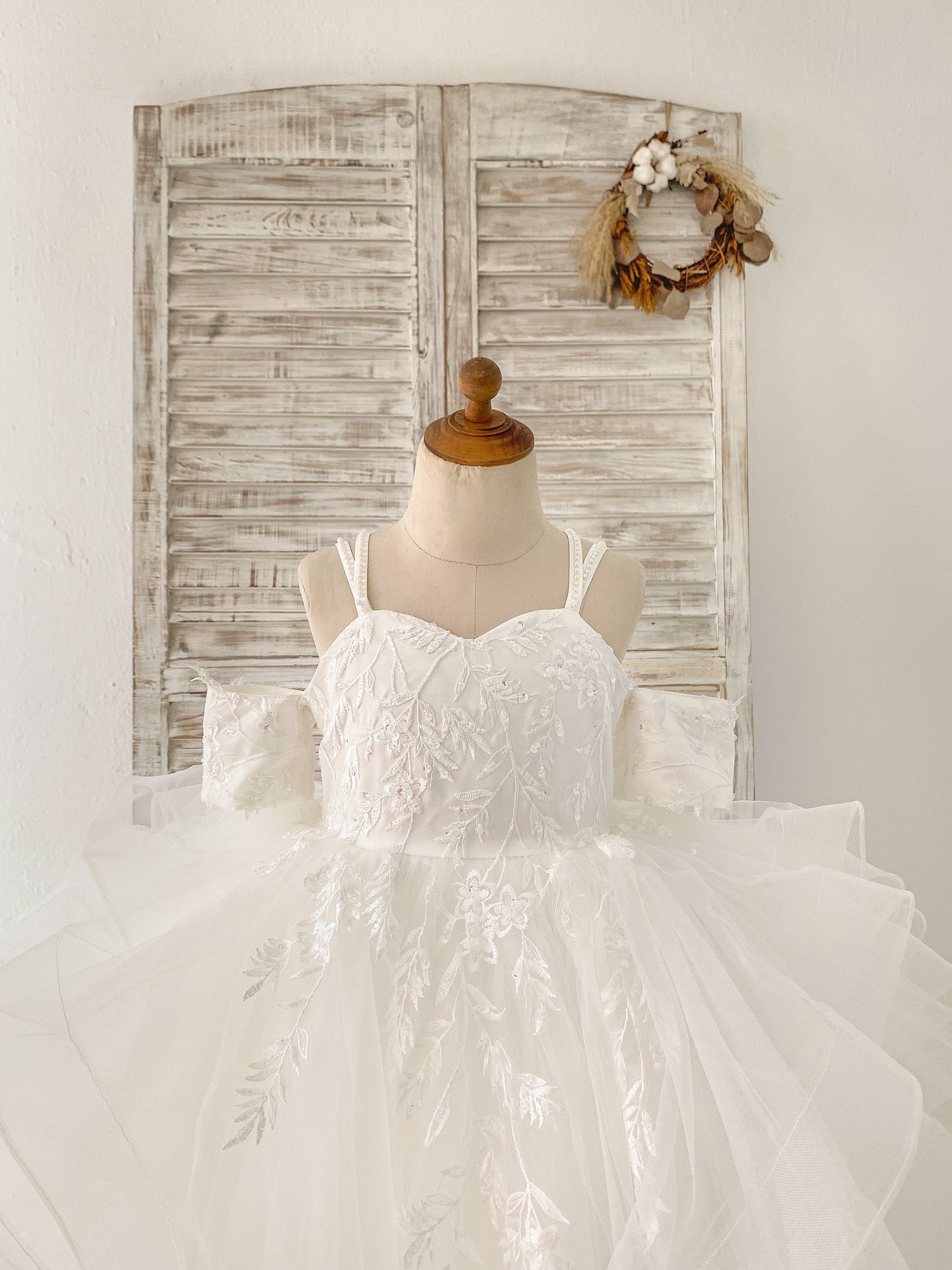 Off Shoulder Ivory Lace Tulle Straps Corset Back Horsehair Wedding Flower Girl Dress