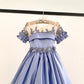 Short Sleeves Sheer Neck Light Blue Satin Wedding Flower Girl Dress, Beaded Lace