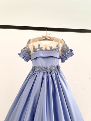 Short Sleeves Sheer Neck Light Blue Satin Flower Girl Dress, Lace - Flower Girl Dresses Short Sleeves Sheer Neck Light Blue Satin Flower Girl Dress, Lace - Flower Girl Dresses