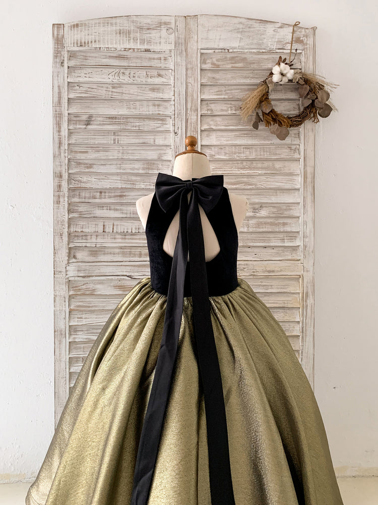 Black Velvet Gold Jacquard Keyhole Back Kids Party Flower Girl Dress 8T Black Velvet Gold Jacquard Keyhole Back Kids Party Flower Girl Dress 8T