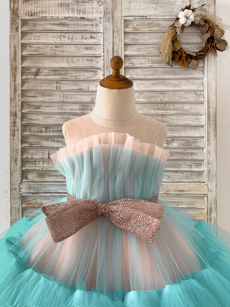 Sheer Neck Pink Teal Tulle Ruffles Wedding Flower Girl Dress 6T Sheer Neck Pink Teal Tulle Ruffles Wedding Flower Girl Dress 6T