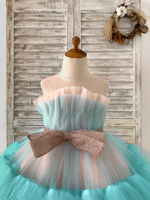 Sheer Neck Pink Teal Tulle Ruffles Wedding Flower Girl Dress 6T Sheer Neck Pink Teal Tulle Ruffles Wedding Flower Girl Dress 6T