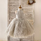 Pink / Silver Gray Jacquard Feather High Neck Wedding Party Flower Girl Dress