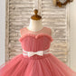 Sheer Neck Pleated Mauve Tulle V Back Horsehair Wedding Flower Girl Dress, Bowknot