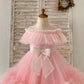 Sheer Neck Pink Ruffles Tulle Wedding Flower Girl Dress Kids Party, Glittering Bow