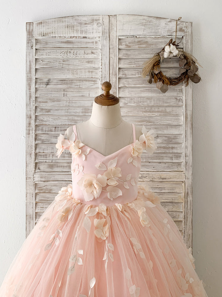Peach 3D Lace Tulle Off Shoulder Flower Girl Dress Kids Pageant Gown 5T Peach 3D Lace Tulle Off Shoulder Flower Girl Dress Kids Pageant Gown 5T