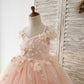 Peach 3D Lace Flower Tulle Off Shoulder Wedding Flower Girl Dress Kids Pageant Gown